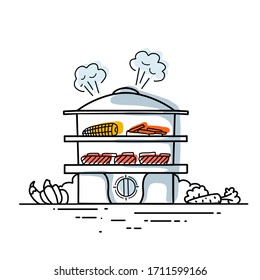Steamer with vegetables and fish. Contour fashionable illustration of kitchen utensils. Healthy steamed food. Contour vector illustration for menus, recipes and your creativity.