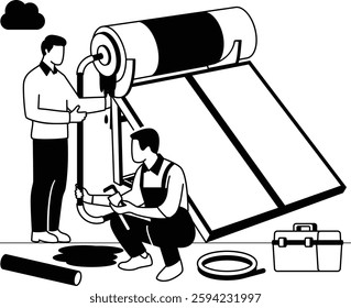 Steamfitter fixing Thermosiphon passive heat vector design plumbing worker banner Handyman Service scene HVAC technician illustration Two engineers installing solar water heater system on roof concept
