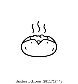 Steaming baked potato split open at the top with soft filling visible representing a hot barbecue side dish for a cookout
