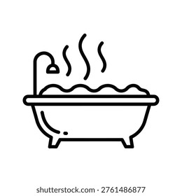 Steaming bathtub icon, simple line drawing, isolated on white background.