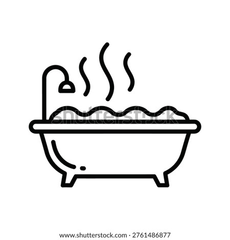 Steaming bathtub icon, simple line drawing, isolated on white background.