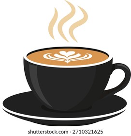 Uma xícara de café preto a vapor apresenta arte em café intrincada, descansando elegantemente em um pires combinando com um fundo branco limpo.