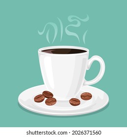 Steaming black coffee in white cup with saucer and coffee beans. Vector illustration of a fragrant drink in a cartoon flat style.