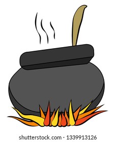 A steaming black colored witch cauldron with brown ladle on fire depicting a common decoration during halloween vector color drawing or illustration 