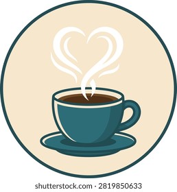Steaming blue coffee cup with heart-shaped latte art on a saucer in a circular frame