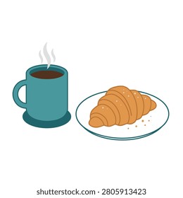 A steaming blue coffee cup next to a golden croissant on a white plate