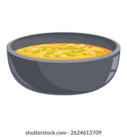 Steaming bowl of delicious chicken noodle soup is being served in a dark grey bowl