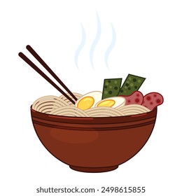 Steaming bowl of delicious ramen noodles is ready to be eaten