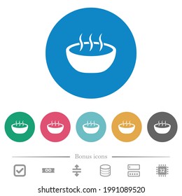 Steaming bowl flat white icons on round color backgrounds. 6 bonus icons included.