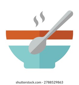 A steaming bowl of food with a spoon inside, hot meal ready to eat, appetizing dish