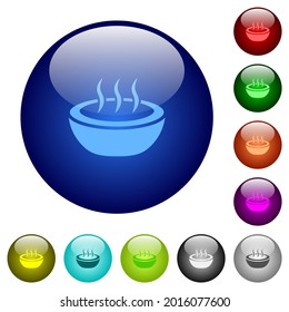Steaming bowl icons on round glass buttons in multiple colors. Arranged layer structure