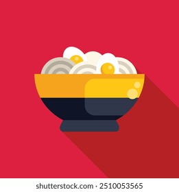 Steaming bowl of ramen noodles with eggs, served in a traditional japanese bowl, is depicted in a flat design style