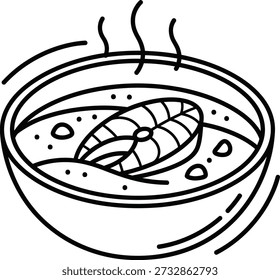 Un tazón humeante de sopa que contiene un camarón cocido, con vapor creciente y burbujas en el caldo.