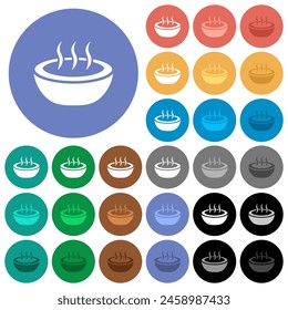 Steaming bowl of soup multi colored flat icons on round backgrounds. Included white, light and dark icon variations for hover and active status effects, and bonus shades.