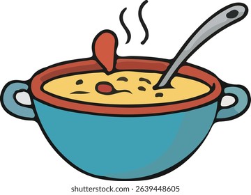 A steaming bowl of soup with a silver spoon sitting in it, isolated on white.