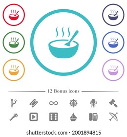 Steaming bowl of soup with spoon flat color icons in circle shape outlines. 12 bonus icons included.