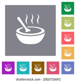 Steaming bowl of soup with spoon flat icons on simple color square backgrounds