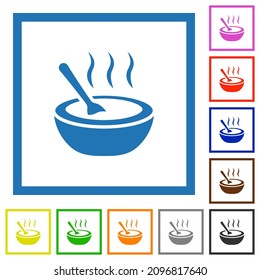 Steaming bowl of soup with spoon flat color icons in square frames on white background
