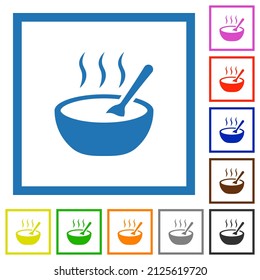 Cubeta al vapor de sopa con iconos de color de cuchara plana en marcos cuadrados sobre fondo blanco