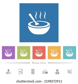 Steaming bowl of soup with spoon flat white icons in square backgrounds. 6 bonus icons included.