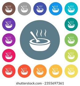 Steaming bowl of soup with spoon flat white icons on round color backgrounds. 17 background color variations are included.