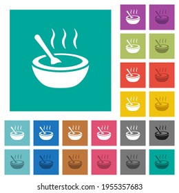 Eine Schüssel Suppe mit Löffeln, mehrfarbige flache Symbole auf einfarbigem Hintergrund. Weiße und dunklere Icon-Variationen für Hover oder aktive Effekte.