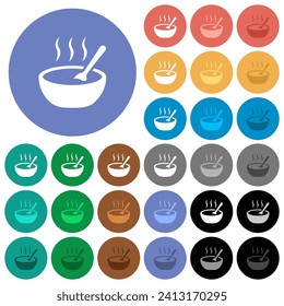 Steaming bowl of soup with spoon multi colored flat icons on round backgrounds. Included white, light and dark icon variations for hover and active status effects, and bonus shades.