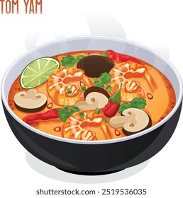 Steaming Bowl of Tom Yam Soup. Shrimps, Kaffir Lime Leaves, Button Mushrooms, Chili Peppers, Lime Wedge and Green Onions in Broth. Authentic Hot and Sour Thai Soup Vector Art 