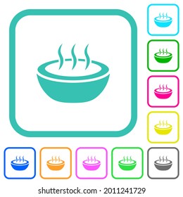Steaming bowl vivid colored flat icons in curved borders on white background