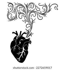 Vapor o respiración de corazón humano. Concepto creativo. Alma humana. Hipertensión. Silueta blanca y negra.