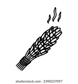 Steaming bunch of sage herb. Element of energetic cleansing of space and healing. Dry herbs. Black and white vector isolated doodle illustration hand drawn icon