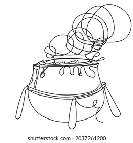Steaming cauldron in one line potion isolated on white background. Stock vector illustration with a drug cooked by a witch or healer. Element of magic, mysticism, enchantment, Halloween.