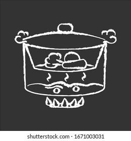 Steaming chalk white icon on black background. Cooking food on vapor over boiling water. Meal preparation method, culinary technique. Steamer with vegetables isolated vector chalkboard illustration