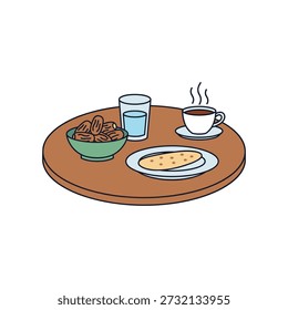 Steaming coffee cup and breakfast spread on wooden table with crackers oat cookies clear water glass and warm cozy vibe