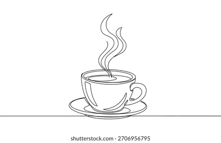 Taza de café al vapor dibujada en un estilo de línea continua limpia. Ilustración mínima de bebidas en blanco y negro adecuada para menús, marcas, empaques, conceptos de bebidas calientes y proyectos creativos simples.