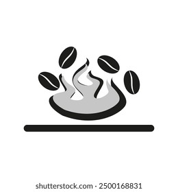 Dampfende Kaffeetasse Symbol. Kaffeebohnen schwimmen. Schwarzweißvektor.