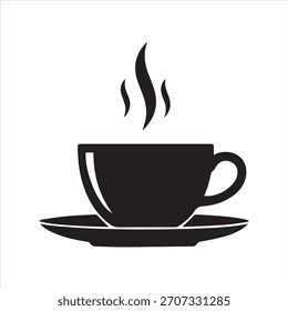 Ícone de copo de café fumegante no fundo branco, símbolo de bebida quente