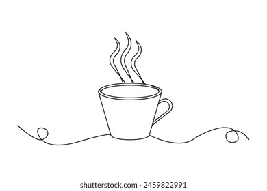 Steaming coffee cup line art. Continuous line drawing. Vector hot beverage.