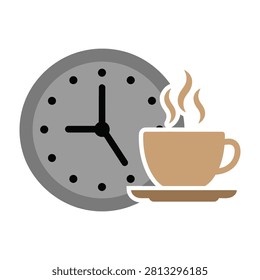A steaming coffee cup on saucer next to analog clock on table morning routine