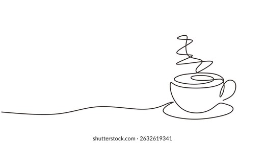 Steaming coffee cup one line art. Lifestyle daily habit morning drink. Hot beverage cafe vector icon.