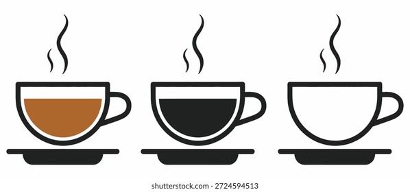 Steaming coffee cups with different liquid levels and colors saucers drink beverage
