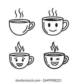 Steaming Coffee Cups with Happy Faces - Hand-Drawn Icon Set