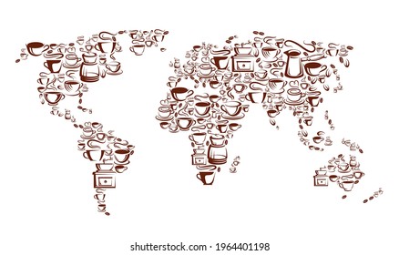 Steaming coffee cups, pots and beans, vector world map with brown mugs and cups of hot espresso, cappuccino or latte drinks, coffee bean grinders and cezve. Coffee shop, restaurant or cafe design