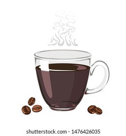 Steaming coffee in a glass cup Isolated on a white background. Hot morning drink and coffee beans. Vector illustration of beverage in cartoon flat simple style.