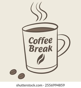 A steaming coffee mug with "Coffee Break" text and coffee beans.