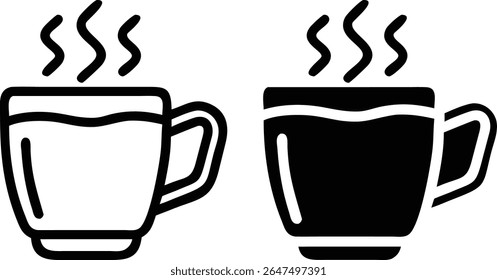 Steaming Coffee Mug Icon Set – Black and White Hot Drink Symbol Vector Illustration