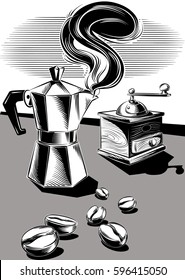 steaming coffee pot some coffee beans and an old coffee grinder.