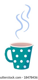 Café o té al vapor en la taza de punto de polka sobre fondo blanco