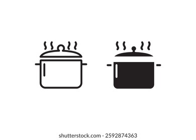 Steaming cooking pot icon in black and white Vector