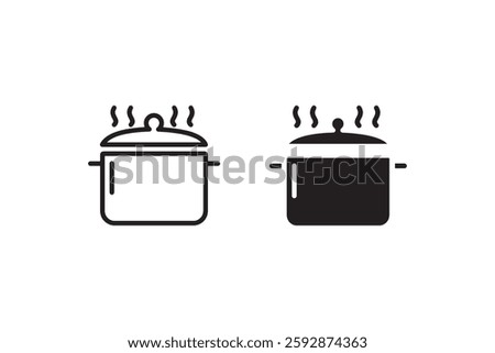 Steaming cooking pot icon in black and white Vector